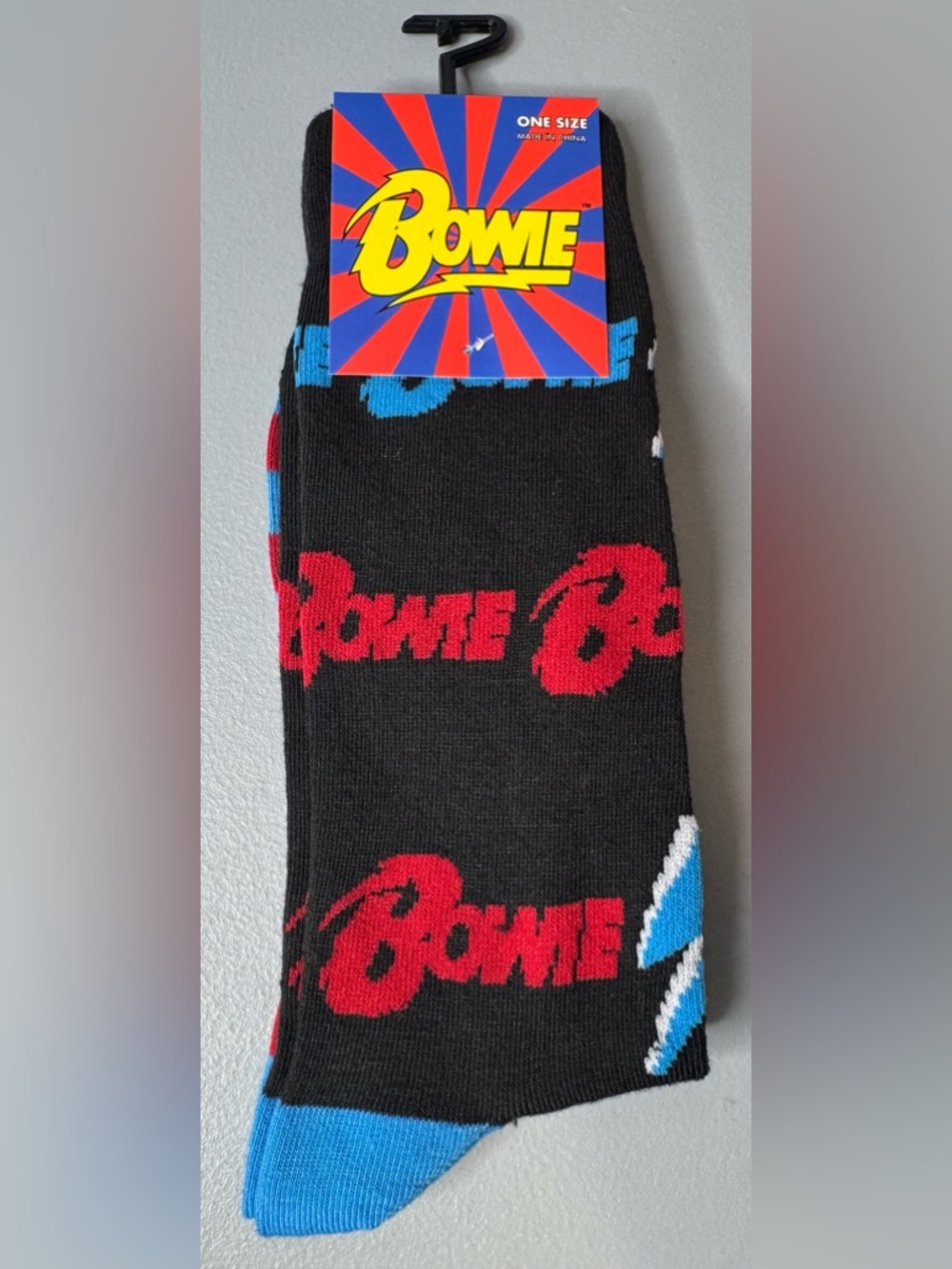 Bowie Black Crew Socks with Red Logo and Blue Accents lighting logo unisex
